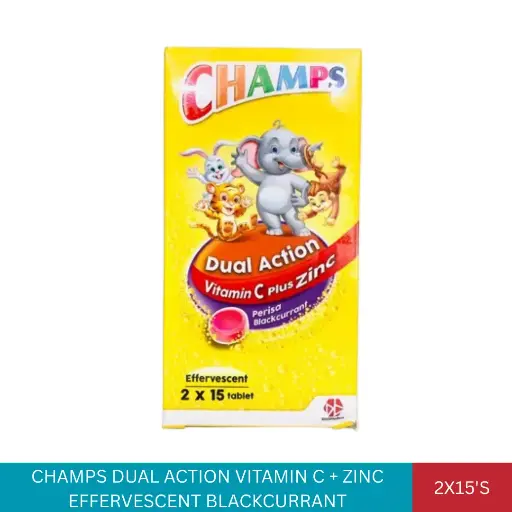 [024488] CHAMPS C DUAL ACTION BLACKCURRANT 250MG + ZINC EFFERVESCENT (2X15'S)