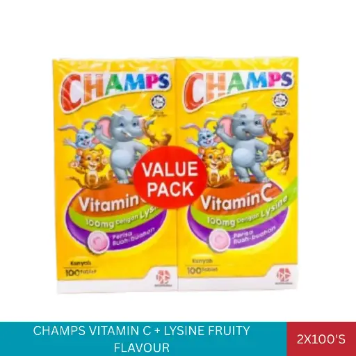 [003628] CHAMPS VITAMIN C 100MG LYSINE FRUITY FLAVOUR (2X100'S)