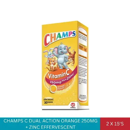 [003635] CHAMPS C DUAL ACTION ORANGE 250MG + ZINC EFFERVESCENT (2X15'S)*